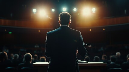 A political candidate standing at a podium during a debate, passionately speaking to voters about their platform.