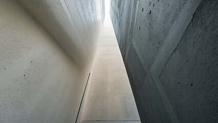 Obraz premium Panoramic view of textured concrete walls with light and dark shades creating contrast and depth in a narrow corridor with high walls