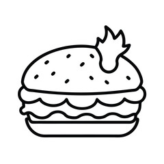 Flaming Hot Burger, Delicious Fast Food, Line Art Drawing