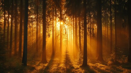Obraz premium Golden Sunlight in the Misty Forest