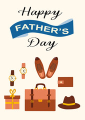 Father's day card design with accessories including hat, watch, and gift box.