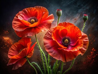 Obraz premium Elegant Double Exposure: Vibrant Poppies & Textured Paper Cut Art on Black