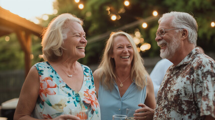 Naklejka premium Senior friends laughing together at a backyard grilling party.
