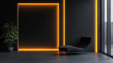 Modern lounge area with orange accent lighting
