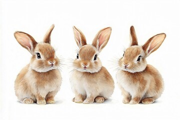 Obraz premium Whimsical watercolor painting of three fluffy bunnies, ideal for Easter, children's decor, or spring-themed designs, evoking tranquility and charm in any space.