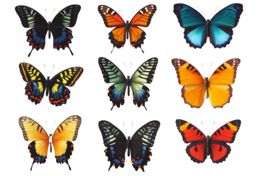 Set of butterflies floating isolated on white or transparent background 