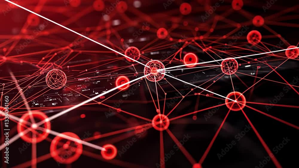 Poster network of connections highlighting data processing over red nodes at night, network of connections 