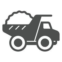 Large truck with sand solid icon, construction site concept. Vector graphics. Truck vehicle transport sign on white background, glyph style icon for mobile or web design.