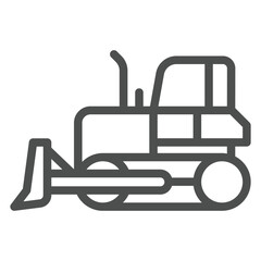 Bulldozer vehicle line icon, construction site concept. Vector graphics. Heavy equipment transport sign on white background, outline style icon for mobile or web design.