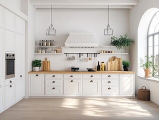 Fototapeta premium A bright and spacious white kitchen with wooden countertops and plants