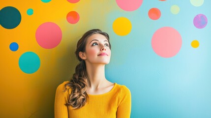 A young woman imagining possibilities, surrounded by colorful thought bubbles.