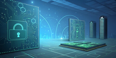 Fototapeta premium Cyber Security Digital Padlock and Circuit Board Microchips Illustration for Data Protection, Network Safety & Information Technology Infrastructure (PNG)