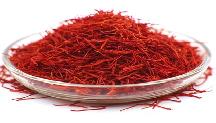 Fototapeta premium Saffron threads on glass plate, white background, food concept