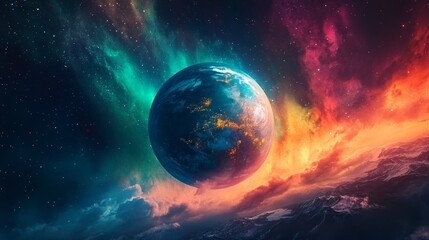 Naklejka premium Earth in a Colorful Cosmic Landscape