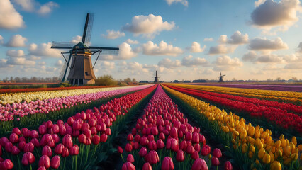 Tulip Field with Windmill Background