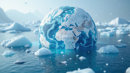 Obraz premium Globe surrounded by icebergs in serene ocean, showcasing Earth beauty