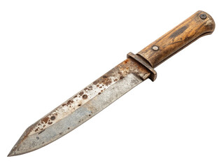vintage rustic hunting knife with wooden handle and weathered steel blade isolated on white background for outdoor adventure photography
