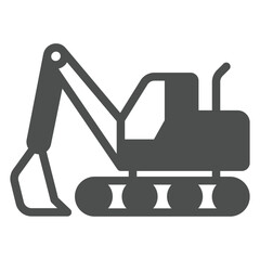 Excavator vehicle with basket solid icon, construction site concept. Vector graphics. Heavy equipment transport sign on white background, glyph style icon for mobile or web design.
