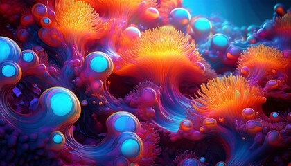 Surreal Bioluminescent Coral Reef with Floating Bubbles