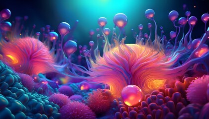 Surreal Bioluminescent Coral Reef with Floating Bubbles