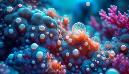 Surreal Bioluminescent Coral Reef with Floating Bubbles