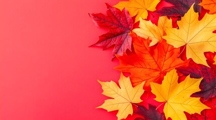 Fototapeta premium Maple leaves on red surface, autumn foliage