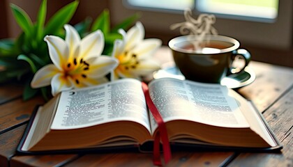 Fototapeta premium Open Book with Coffee and Lilies on Wooden Table