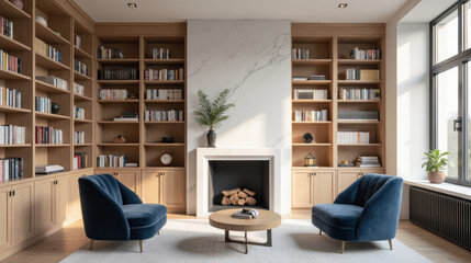 Modern living room with cozy blue chairs, wooden shelves, and fireplace