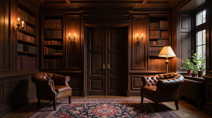 Luxurious library with dark wood paneling, cozy leather chairs, and warm lighting. perfect reading nook for relaxation and inspiration