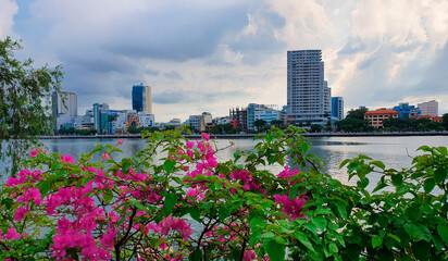 Danang Vietnam Han River flowers foreground skyline high-rise buildings reflection water