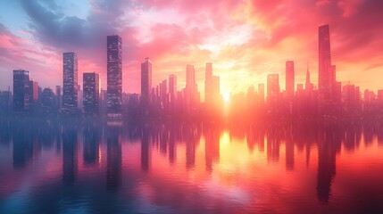 Fototapeta premium Vibrant Cityscape Reflected in the Waters at Dramatic Sunrise or Sunset