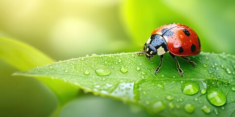 A close up of a ladybug on a green leaf