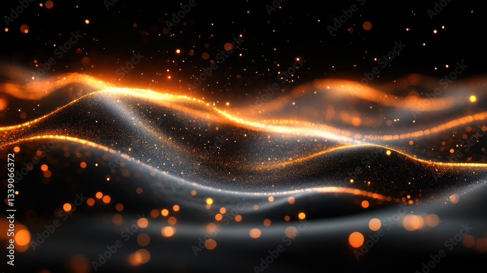 Poster abstract glowing orange and white waves on black background with sparkles.
