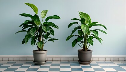 Obraz premium a large green plant with long leaves sits on a blue and white checkered floor.