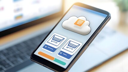 Cutting edge futuristic cloud powered 3D e commerce automation system with seamless real time robotic fulfillment glowing neon holographic shopping user interface