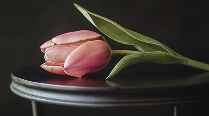 Elegant pink tulip blossom with a green leaf resting on a dark surface, highlighting its delicate beauty