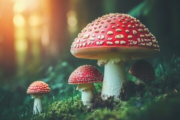 Red mushrooms in the forest illuminated by sun rays
