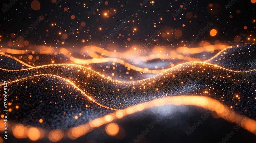 Aufkleber abstract glowing particles forming wavy lines and shapes on dark background.