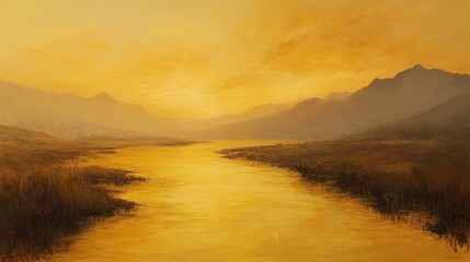 Golden Hour Landscape Painting of a Mountain River Valley