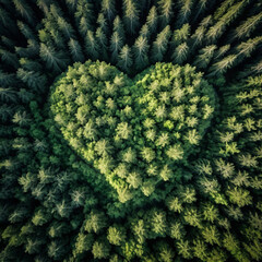 Aerial photograph of a forest forming a heart shape within a dense woodland. Captures nature’s artistic formations and symbolizes a natural love theme using green forestry.
