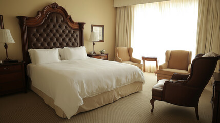 Fototapeta premium Elegant Hotel Room with King-Size Bed and Classic Decor.