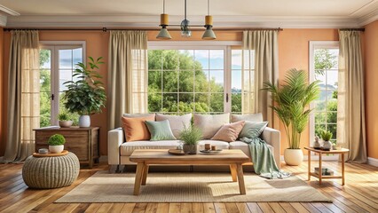 Fototapeta premium Eco-Friendly Living Room: Pastel Coral Walls, Beige Linen Sofa, Wooden Coffee Table, Sky Blue Curtains, Panoramic Windows