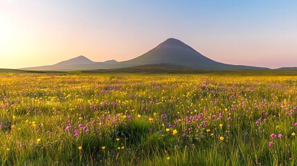 Fototapeta premium Majestic field of wildflowers nestled in the breathtaking mountains of iceland under clear skies