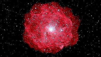 Red nebula in space, showing a bright star in center