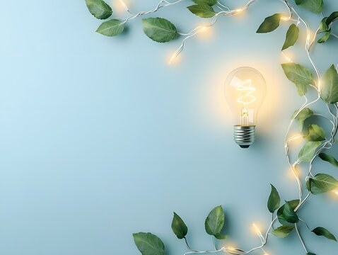 Energy efficient concept with a glowing lightbulb surrounded by eco friendly leaves symbolizing a sustainable and natural approach to power and illumination