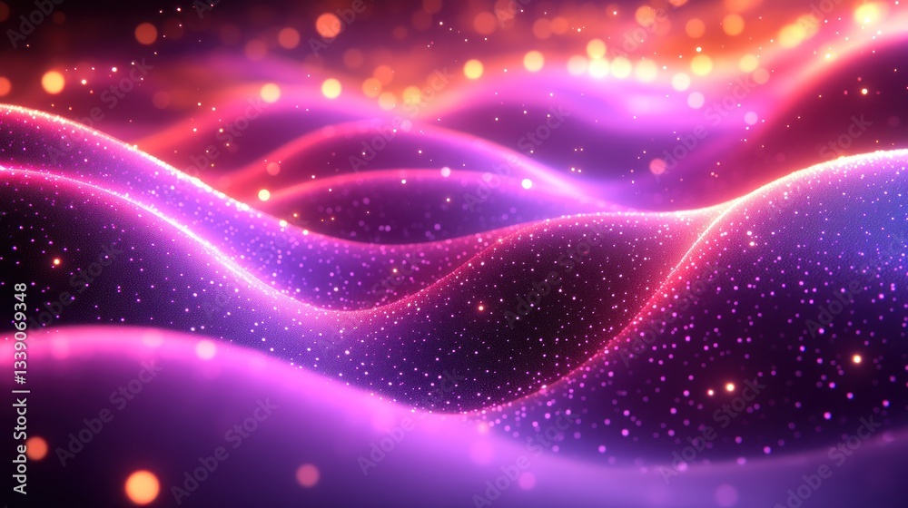 Poster abstract glowing pink and orange waves with sparkling particles.