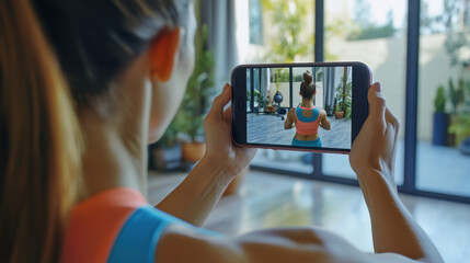Home workout, virtual fitness. woman exercising at home