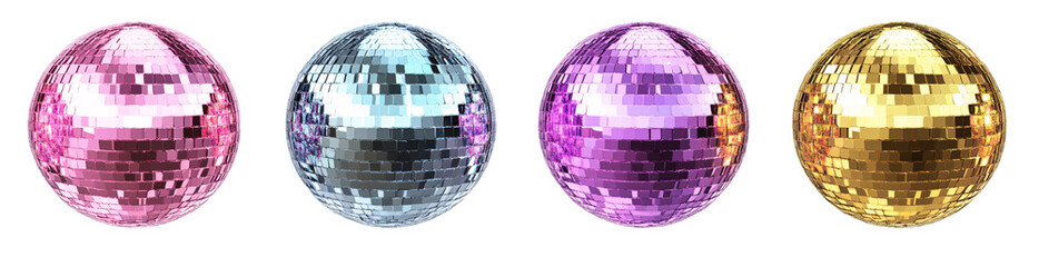 disco balls with different colors and patterns, transparent background