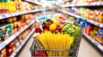 Grocery Cart Filled with Produce and Pasta