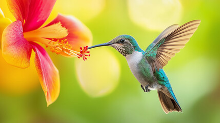 Naklejka premium Hummingbird Hovering and Feeding from a Colorful Tropical Flower.